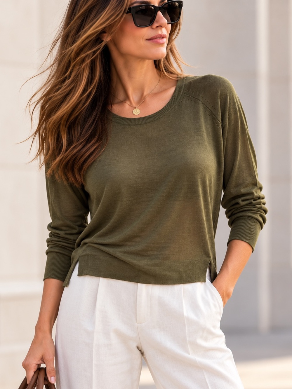 Zara Knit Olive Green Lightweight Long Sleeve Crew Neck Sweater S